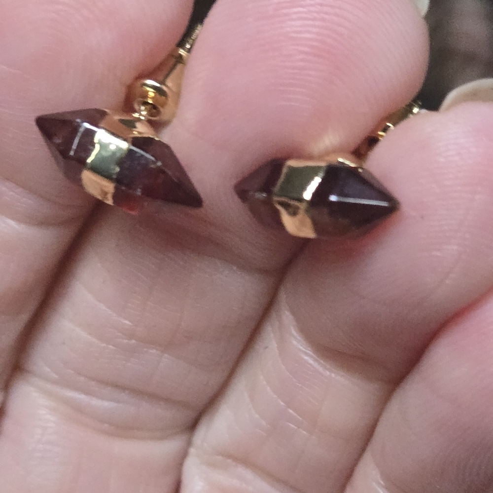 Garnet natural crystal gemstone pillar sterling & gold earrings - Picture 7 of 9